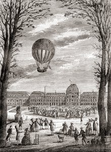 Maailman ensimmäinen miehitetty vetypallolento Champs de Marsin yllä Pariisissa, Ranskassa 1. joulukuuta 1783 Nicolas-Louis Robertin ja professori Jacques Charlesin ohjaamana, Les Merveilles de la Science, julkaistu noin vuonna 1870 (kaiverrus). tekijältä French School
