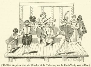 Teatteri Mondorin ja Tabarinin ulkoilmassa, Pont-Neufilla, noin 1630 (kaiverrus) tekijältä French School
