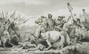 Theodoric surmataan Attilaa vastaan käydyssä taistelussa Chalonsin lähellä, Colartin "Histoire de France" -teoksesta, julkaistu noin vuonna 1840. tekijältä French School
