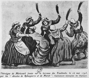 Theroigne de Mericourt, jota ryhmä pariisilaisia jakobiininaisia piiskaa, 16. toukokuuta 1793 (wc paperilla) tekijältä French School