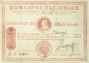 Tuhannen liiran seteli Ludvig XVI:n (1754-93) kuvalla 1790 tekijältä French School