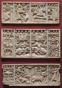 Kolme paneelia arkista ja kohtauksia hoviromaaneista, n. 1330-1350 tekijältä French School