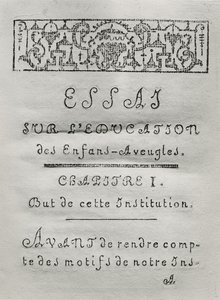 Nimisivu Valentin Hauyn (1745-1822) vuonna 1786 julkaistuun kirjaan Essai sur leducation des aveugles tekijältä French School