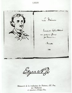 Stephane Mallarmen (1842-98) kääntämän Edgar Allan Poen (1809-49) Les Poemes -kirjan nimisivu, jossa kirjailijan muotokuva, 1888 tekijältä French School