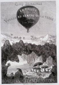 Nimisivu: Jules Verne, sd. "" Five Weeks in Balloon" ja "Journey to the Centre of the Earth" Painokset Hetzel yleisnimellä "" Les Voyages Extraordinary"" tekijältä French School