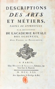 Nimisivu "" Kuninkaallisen tiedeakatemian herrasmiesten tekemät tai hyväksymät kuvaukset taiteista ja työmuodoista". 1761 tekijältä French School