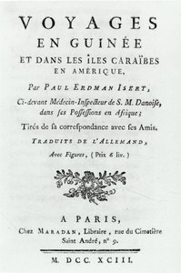 Paul Erdman Isertin julkaisun Travels in Guinea and the Caribbean Islands in America nimisivu, julkaistu 1743 tekijältä French School