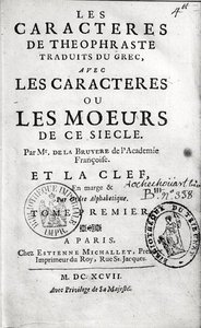 Theophrastuss Les Characteres ou les Moeursin otsikkosivu kääntänyt Jean de la Bruyere (1645-96) 1697 tekijältä French School