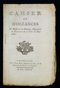 Marseillen kansanedustajien, kauppiaiden ja laivanvarustajien valituskirjan nimisivu, 1789 tekijältä French School