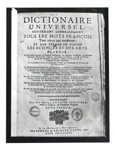 Antoine Furetieren (1619-88) Sanakirjauniversumin nimisivu 1690 (painettu) tekijältä French School