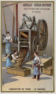 Tupakan valmistus. Lehtien silppuaminen (chromolitho) tekijältä French School