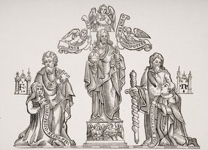 Hautakoristelu, joka kuvaa Nicholas Flamelia (n. 1330-n. 1418) ja hänen vaimoaan Pernelleä Pariisin viattomien hautausmaalla tehtyjen koristeiden jälkeen Paul Lacroixin (1806-84) Le Moyen Age et La Renaissance -julkaisusta tekijältä French School