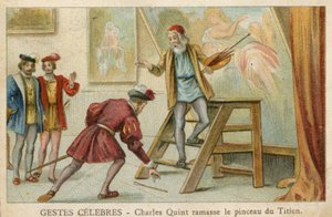 Kauppakortti, jossa Charles Quint ottaa Titianin siveltimen (chromolitho) tekijältä French School