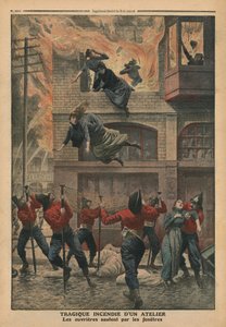 Traaginen tulipalo Newarkissa, New Jerseyssä sijaitsevassa korjaamossa, kuvitus Le Petit Journalin kuvitusliitteestä, 11. joulukuuta 1910 (värilitrokuvaus)