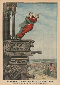 Kahden nuoren traaginen itsemurha Antwerpenin katedraalin tornista, takakannen kuva Le Petit Journalista, liitekuva, 11. toukokuuta 1913