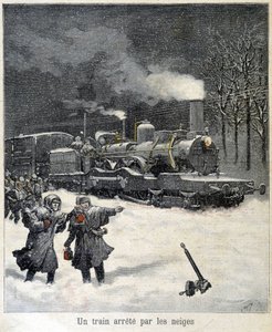 Juna joutui pysähtymään lumen takia. Kuva sanomalehdestä "" Le Petit Parisien"" maaliskuussa 1892. tekijältä French School