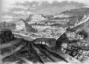 Pariisin muodonmuutos toisen imperiumin alaisuudessa, Haussmann-Pariisi: muutos Buttes-Chaumontin kipsilouhosten puistoksi (Buttes Chaumont). Kaiverrus ""Le Monde Illustre" -julkaisussa nro 306, 21. helmikuuta 1863. tekijältä French School