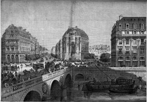 Pariisin muunnokset toisen imperiumin aikana, Haussmann Paris: näkymä Saint Michelin suihkulähteelle (1860) Boulevard de Sebastopol -kadulla. Kaiverrus "" Le Monde Illustré" -julkaisussa nro 175, 18. elokuuta 1860. tekijältä French School