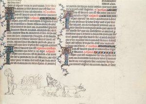 Tavaroiden kuljettaminen härän vetämissä kärryissä, keskeneräinen pienoismalli Jean de Syn Raamatusta, n. 1355