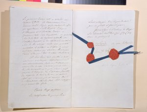 Napoleon I:n (1769-1821) ja keisari Franz II:n (1768-1835) välinen sopimus, allekirjoitettu Presburgissa 26. joulukuuta 1805 (kynä ja muste paperille) tekijältä French School