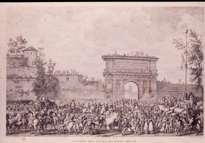 Napoleon Bonaparten johtamien ranskalaisten joukkojen riemuvoitto Milanossa 15. toukokuuta. tekijältä French School