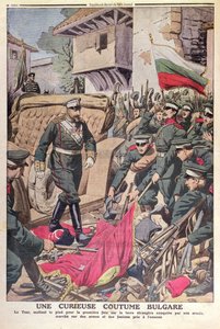 Bulgarian tsaari Ferdinand I (1861-1948) käveli valloitettujen lippujen yli Balkanin sodan aikana 1912, marraskuu 1912 tekijältä French School