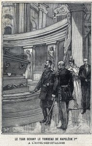 Venäjän tsaari Nikolai II (1868-1918) ja tsaariina Aleksandra Fiodorovna Romanova (1872-1918) Napoleon I Bonaparten haudan edessä Pariisin Hotel des Invalidesissa, "Le Petit Parisien" -rakennuksessa” tekijältä French School