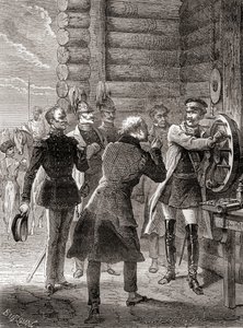 Tsaari Nikolai I vihkii käyttöön semaforisen lennätinlinjan Moskovan ja Varsovan välillä vuonna 1833 käyttäen Claude Chappen semaforijärjestelmän muunnelmaa, Les Merveilles de la Science -julkaisusta, julkaistu n. 1870 (kaiverrus) tekijältä French School