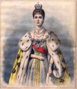 Venäjän tsaaritar Aleksandra kruunausvaatteissaan - tsaaritar Aleksandra Fiodorovna pyhän puvussa. Kuvitus Le Petit Journaliin, 24. toukokuuta 1896 (kaiverrus) tekijältä French School