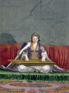 Turkkilainen tyttö soittamassa kosketinsoittimella, Charles de Ferriolin kokoelmasta Sata Levantin eri kansakuntia edustavaa vedosta, kaivertanut Gerard Scotin (1671-1716) tekijältä French School