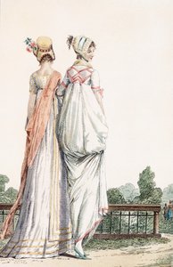Two Ladies in Promenade Dresss, 1796 99:nainen; perinteinen puku; perinteinen asu; muoti; c18th; kävely; takaisin; valkoiset mekot; konepelti; konepellit; hatut; pysäköidä; puutarha; tekijältä French School