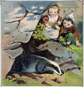 Kaksi lasta tarkkailee mäyriä hänen kaivossaan. Kromolitografia julkaisusta "" Childhood Scenes"" toim. Guerin - Muller noin 1885. tekijältä French School