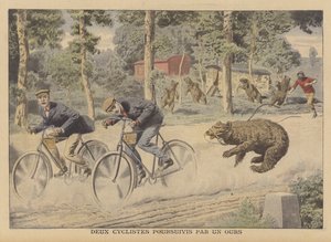 Kahta pyöräilijää jahtaamaan paennut karhu (väri litho) tekijältä French School