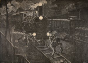 Kaksi junan osumaa miestä kuva Le Petit Journalista: Supplement illustre, 1898 tekijältä French School