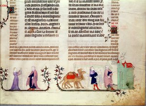 Kaksi kohtausta tarinasta Rebeccasta kaivolla, Jean de Syn Raamatusta, n. 1355 tekijältä French School