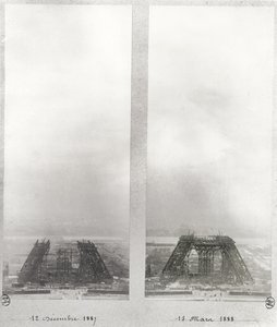 Kaksi näkymää Eiffel-tornin rakentamisesta, Pariisi, 12. joulukuuta 1887 ja 15. maaliskuuta 1888 tekijältä French School