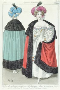 Kaksi naista turbaaneissa, mekoissa ja kashmirviitoissa, Costumes Parisiens, 1831 tekijältä French School