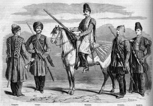 Venäjän keisarin erityisen saattajan tyypit ja univormut. Vasemmalta oikealle: trumpetti, kasakka, muslimi, tšerkessi ja lesgi. Kaiverrus "" Le Monde Illustré" -julkaisussa nro 153, 17. maaliskuuta 1860. tekijältä French School