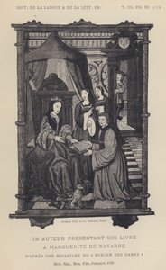 Kirjailija esittelee kirjansa Marguerite De Navarrelle (litho) tekijältä French School