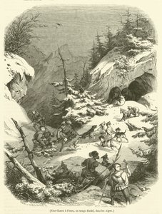 Karhun metsästys feodaaliaikoina Alpeilla (kaiverrus) tekijältä French School