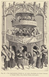 Teatteriesitys 1500-luvulla (kaiverrus) tekijältä French School