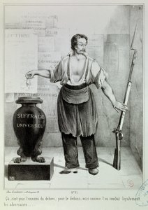Yleinen äänioikeus ”äänestys tai kivääri”” Äänessä on taisteltava vihollista vastaan kiväärin sijaan. Kaiverrus M.L. Bosredon, huhtikuu 1848. Paris, Musee Carnavalet tekijältä French School