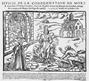 Urbain Grandier poltettiin roviolla Loudunin omistuksen tapahtumien jälkeen, 1634 (puukaiverrus)