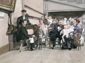 Vauvojen rokotus Institut de la Vaccine -instituutissa, Pariisissa, n. 1900 (wc paperilla) tekijältä French School