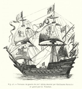 1500-luvun sotalaiva; piirtänyt Guillaume Barendsz ja kaivertanut Cl Visscher (kaiverrus) tekijältä French School