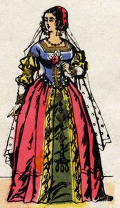 Valois-dynastia: Habsburgin tai Itävallan Eleonoren muotokuva (1498-1558) Ranskan kuningatar, Francois I:n (1494-1547) vaimo. Epinaalikuvaus 1800-luvun lopulta. Yksityinen kokoelma. tekijältä French School