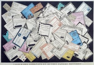 Agenttien ja muiden paperirahojen arvo Ranskan vallankumouksen aikana. 1700-luvulla. Musee Carnavalet, Pariisi - Assignattien ja muiden valuuttojen arvopaperit Englannin vallankumouksen aikana. Kaiverrus tekijältä French School