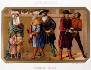 Erilaiset porvariston puvut 1500-luvulla - kromo. 1800-luku aikakauden asiakirjan perusteella tekijältä French School