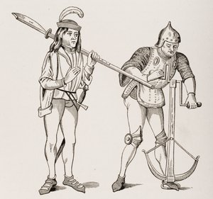 Varlet tai Squire kantamassa paksuteräistä helebardia ja jousimies, joka piirtää varsijousinauhaa kaksikätisellä vinssillä 1400-luvun pienoismallin jälkeen, Paul Lacroixin Le Moyen Age et La Renaissancesta ( tekijältä French School