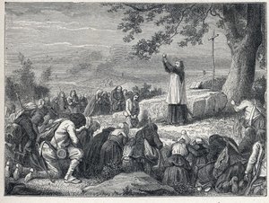 Vendee Wars (1793-1796): Pappi viettää messua tammen alla kapinalliselle, joka hylkää vannoneet papit. Kaiverrus vuodelta 1889. Yksityinen kokoelma. tekijältä French School